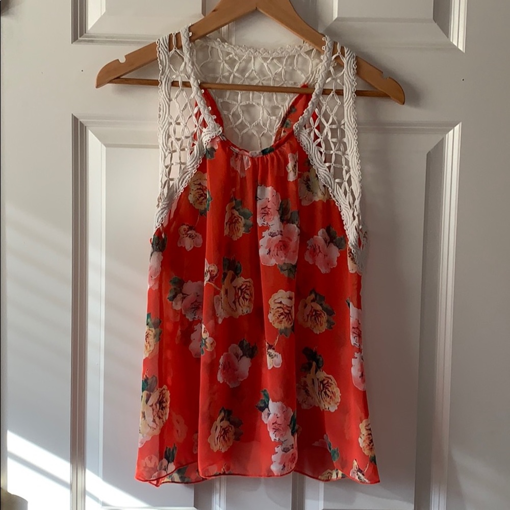 NEVER WORN Floral Sheer Tank with a Lace Accents